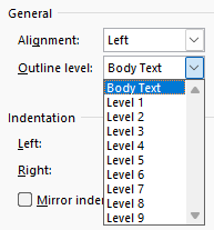 Paragraph Options Indents and Spacing Outline Level
